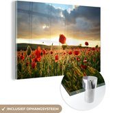 MuchoWow® Glasschilderij 120x80 cm - Schilderij acrylglas - Kleurrijke lucht boven vele Klaprozen - Foto op glas - Schilderijen