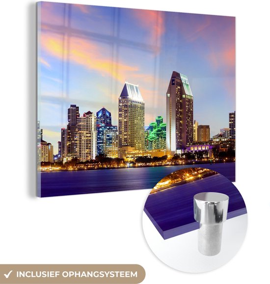 MuchoWow® Glasschilderij 120x90 cm - Schilderij acrylglas - Skyline - Verenigde Staten - Water - Foto op glas - Schilderijen