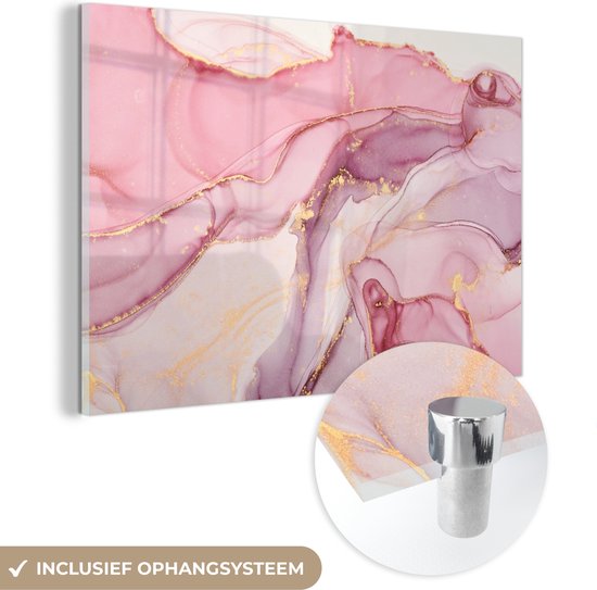 MuchoWow® Glasschilderij 90x60 cm - Schilderij acrylglas - Goud - Marmer - Roze - Foto op glas - Schilderijen