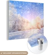 MuchoWow® Glasschilderij 90x90 cm - Schilderij acrylglas - Sneeuw - Zon - Winter - Foto op glas - Schilderijen