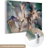 MuchoWow® Glasschilderij 30x20 cm - Schilderij acrylglas - Goud - Blauw - Marmer - Foto op glas - Schilderijen