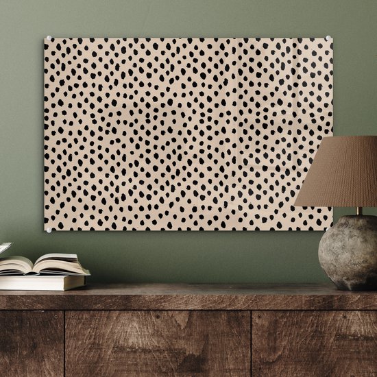 MuchoWow® Glasschilderij 60x40 cm - Schilderij acrylglas - Beige - Stippen - Patronen - Zwart - Foto op glas - Schilderijen