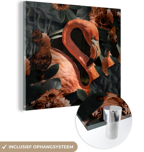 MuchoWow® Glasschilderij 90x90 cm - Schilderij acrylglas - Flamingo - Vogel - Bloemen - Bladeren - Foto op glas - Schilderijen