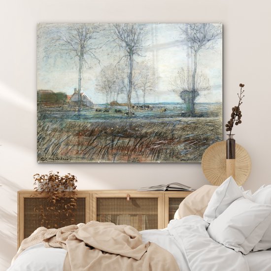 MuchoWow® Peinture sur verre 120x90 cm - Peinture sur verre acrylique - Ferme avec trois grands arbres au premier plan - Piet Mondrian - Photo sur verre - Peintures