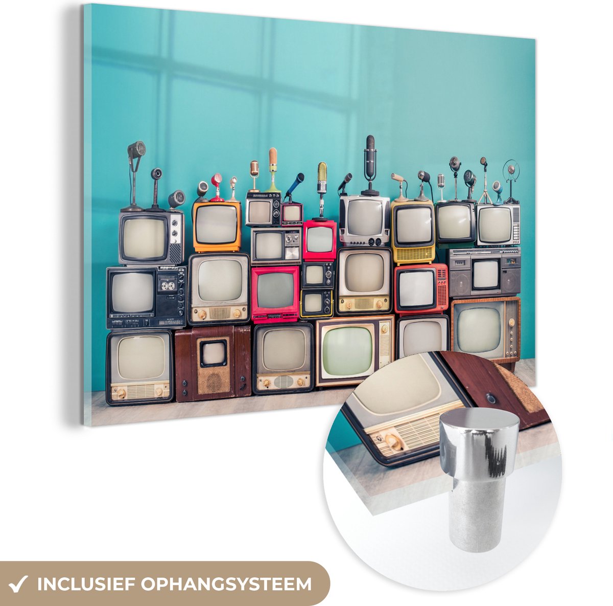 ® Glasschilderij 90x60 cm - Schilderij acrylglas - Televisie - Microfoon - Vintage - Foto op glas - Muurdecoratie woonkamer - Wanddecoratie slaapkamer - Schilderijen