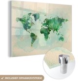 MuchoWow® Glasschilderij 120x80 cm - Schilderij acrylglas - Wereldkaart - Waterverf - Groen - Foto op glas - Schilderijen