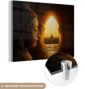MuchoWow® Glasschilderij 80x60 cm - Schilderij acrylglas - Boeddha - Gezicht - Zon - Foto op glas - Schilderijen