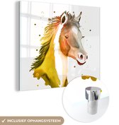 MuchoWow® Glasschilderij 50x50 cm - Schilderij acrylglas - Paard - Geel - Stippen - Meisjes - Kinderen - Meiden - Foto op glas - Schilderijen