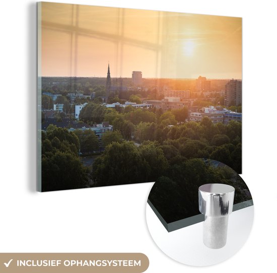 MuchoWow® Glasschilderij 60x40 cm - Schilderij acrylglas - Stad - Eindhoven - Zonsondergang - Foto op glas - Schilderijen