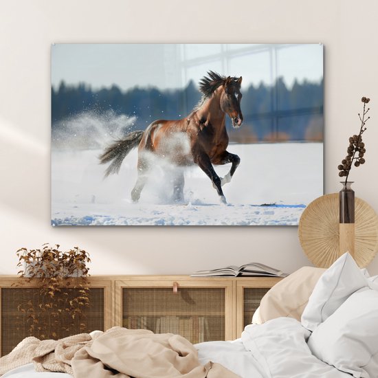 MuchoWow® Peinture sur verre 120x80 cm - Peinture sur verre acrylique - Cheval - Neige - Hiver - Photo sur verre - Peintures