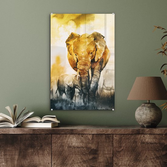 MuchoWow® Peinture sur verre 40x60 cm - Peinture sur verre acrylique - Éléphant - Enfant - Aquarelle - Photo sur verre - Peintures