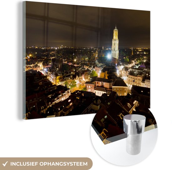 MuchoWow® Glasschilderij 120x80 cm - Schilderij acrylglas - Utrecht - Licht - Dom - Foto op glas - Schilderijen