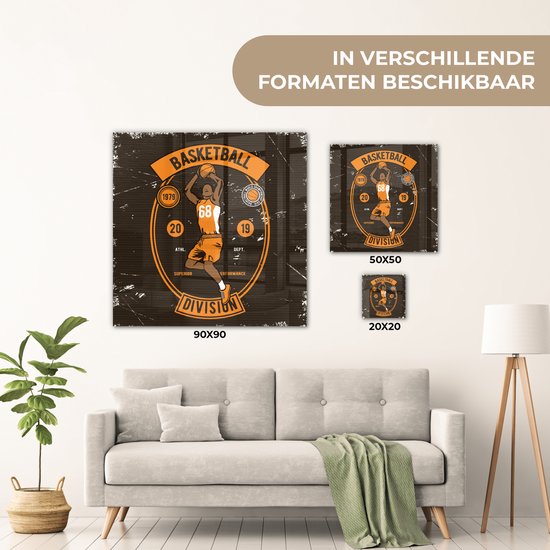 MuchoWow® Peinture sur verre 50x50 cm - Peinture sur verre acrylique - Mancave - Basketbal - Sport - Vintage - Oranje - Photo sur verre - Peintures