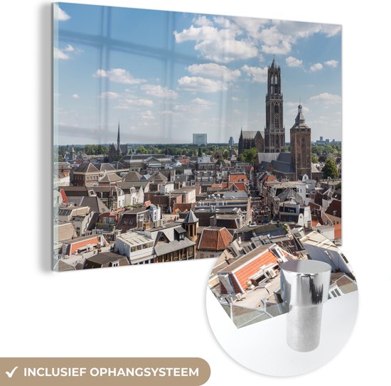 MuchoWow® Glasschilderij 90x60 cm - Schilderij acrylglas - Utrecht - Lucht - Dom - Foto op glas - Schilderijen