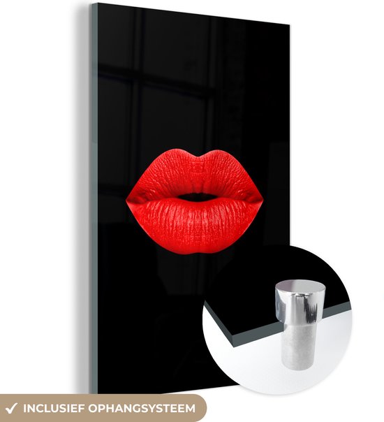 Peinture sur Verre - Lèvres - Rouge - Zwart - 80x120 cm - Peintures Plexiglas