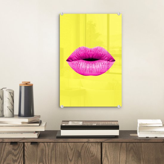 Peinture sur verre - Lèvres - Rose - Jaune - 20x30 cm - Peintures Plexiglas - Peintures salon verre