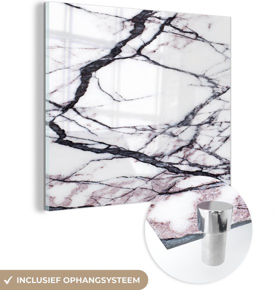 MuchoWow® Peinture sur verre 50x50 cm - Peinture sur verre acrylique - Marbre - Wit - Zwart - Photo sur verre - Peintures