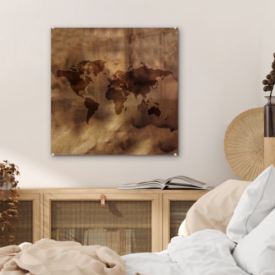 MuchoWow® Glasschilderij 50x50 cm - Schilderij acrylglas - Wereldkaart - Retro - Bruin - Foto op glas - Schilderijen