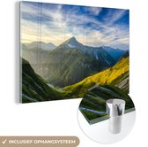 MuchoWow® Glasschilderij 120x80 cm - Schilderij acrylglas - Tirol - Berg - Zonsopgang - Foto op glas - Schilderijen