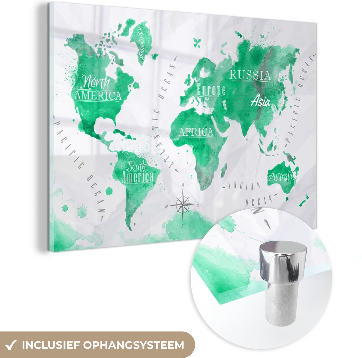 ® Glasschilderij 120x80 cm - Schilderij acrylglas - Wereldkaart - Olieverf - Groen - Foto op glas - Muurdecoratie woonkamer - Wanddecoratie slaapkamer - Schilderijen