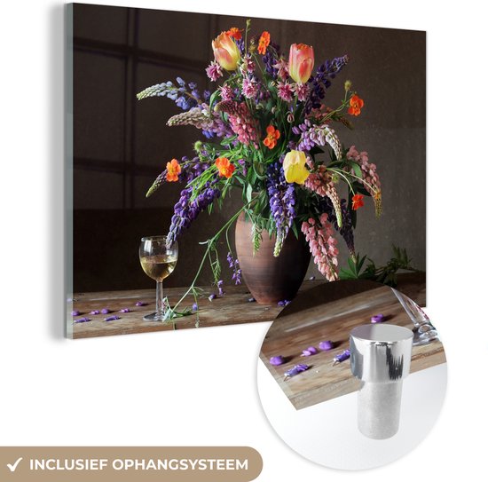 MuchoWow® Glasschilderij 120x80 cm - Schilderij acrylglas - Stilleven - Wijn - Bloemen - Foto op glas - Schilderijen