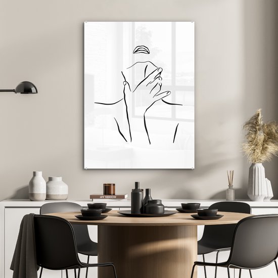 MuchoWow® Glasschilderij 60x80 cm - Schilderij acrylglas - Abstracte line art van een vrouw met een hand op haar nek - Foto op glas - Schilderijen