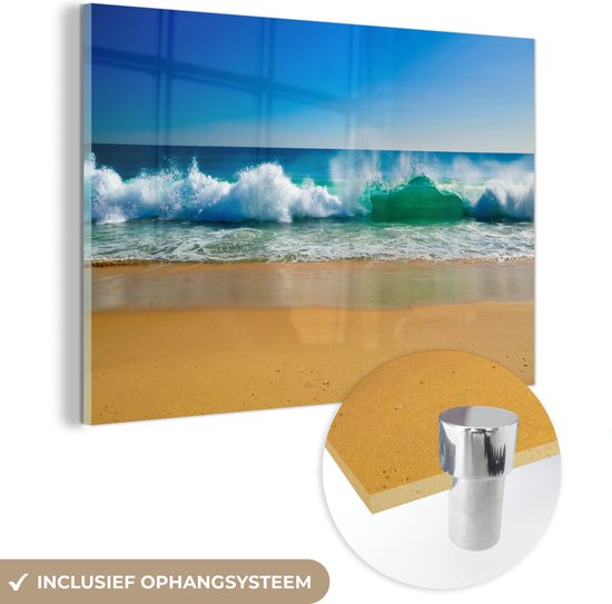MuchoWow® Glasschilderij 90x60 cm - Schilderij acrylglas - Zee - Golf - Strand - Foto op glas - Schilderijen