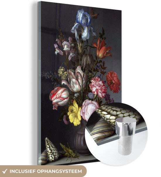 MuchoWow® Glasschilderij 20x30 cm - Schilderij acrylglas - Bloemen in een vaas met schelpen en insecten - Balthasar van der Ast - Foto op glas - Schilderijen
