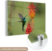 MuchoWow® Glasschilderij 90x60 cm - Schilderij acrylglas - Vogel - Kolibrie - Bloemen - Foto op glas - Schilderijen