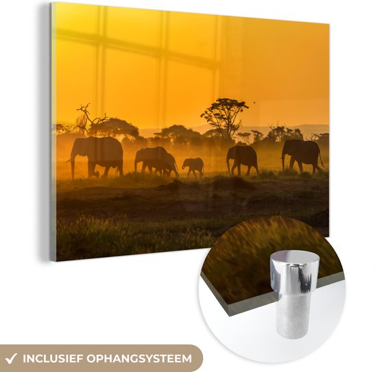 MuchoWow® Glasschilderij 90x60 cm - Schilderij acrylglas - Kudde olifanten bij zonsopkomst - Foto op glas - Schilderijen