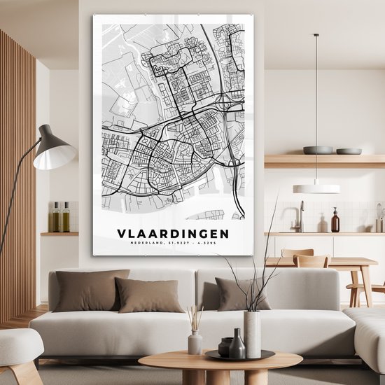 MuchoWow® Peinture sur verre 100x150 cm - Peinture sur verre acrylique - Plan de la ville - Vlaardingen - Grijs - Wit - Photo sur verre - Peintures - Carte