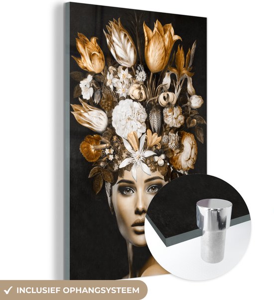MuchoWow® Glasschilderij 80x120 cm - Schilderij acrylglas - Vrouw - bloemen - goud - Foto op glas - Schilderijen