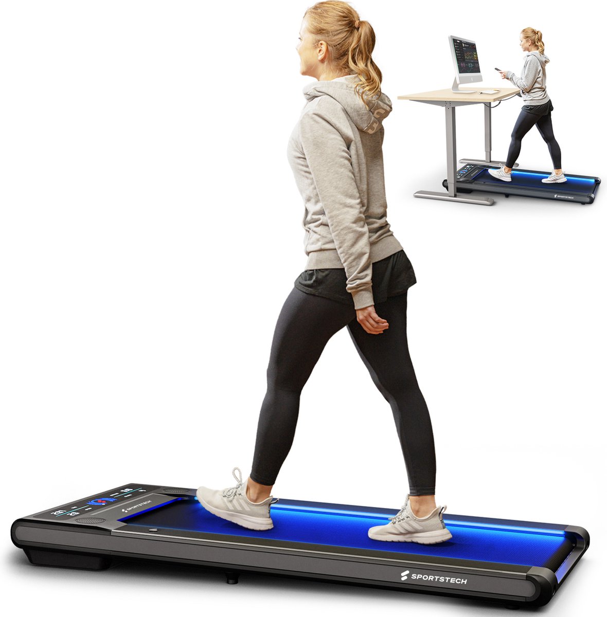 Sportstech sWalk Walking Pad loopband & bureau met LED - 1-6 km/u snelheid met interactieve LCD display