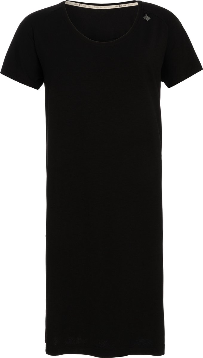 Knit Factory Lily Jurk - Dames midi-jurk met ronde hals - Rechte jurk - Korte mouwen - Jurk voor het voorjaar en de zomer - Zwart - S