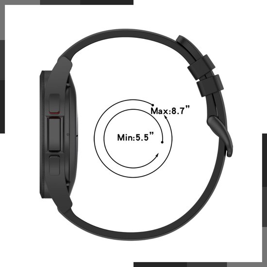 Zwart horloge met zwart siliconen bandje, 5.5" tot 8.7"