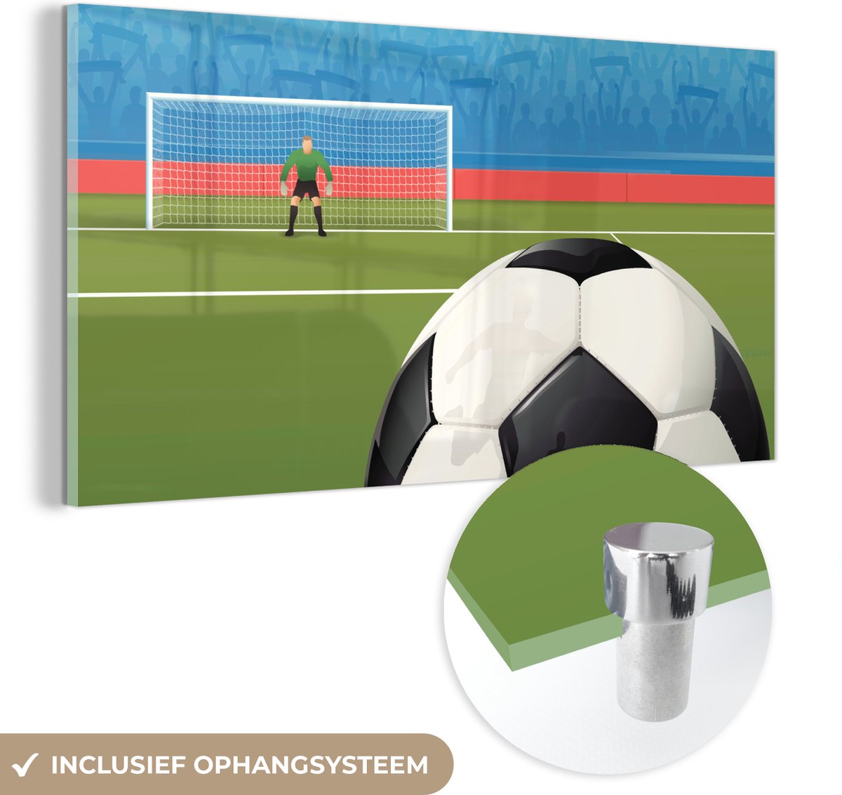 ® Glasschilderij 160x80 cm - Schilderij acrylglas - Een illustratie van een voetbal op het veld in het stadion - Jongens - Meiden - Kids - Foto op glas - Muurdecoratie woonkamer - Wanddecoratie slaapkamer - Schilderijen