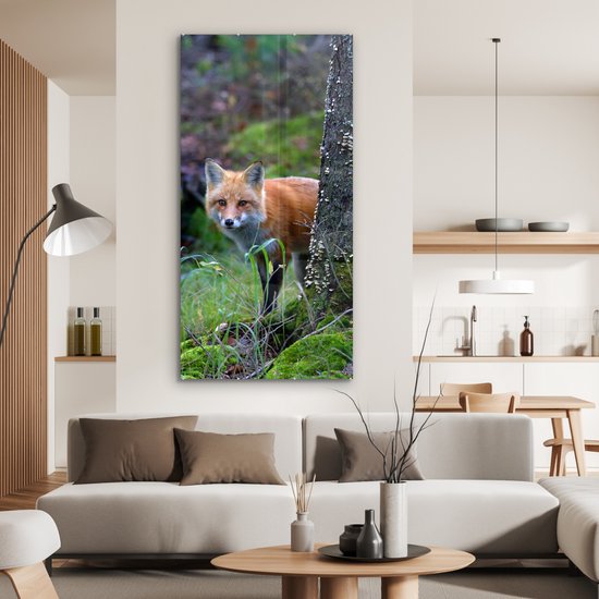 MuchoWow® Glasschilderij 80x160 cm - Schilderij acrylglas - Vos - Boom - Bosdier - Herfst - Foto op glas - Schilderijen
