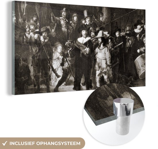 MuchoWow® Glasschilderij 40x20 cm - Schilderij acrylglas - De Nachtwacht in zwart-wit - Rembrandt van Rijn - Foto op glas - Schilderijen