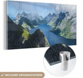 MuchoWow® Glasschilderij 40x20 cm - Schilderij acrylglas - Uitzicht over fjorden in Noorwegen - Foto op glas - Schilderijen