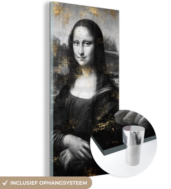 MuchoWow® Glasschilderij 60x120 cm - Schilderij acrylglas - Mona Lisa - Goud - Zwart - Foto op glas - Schilderijen