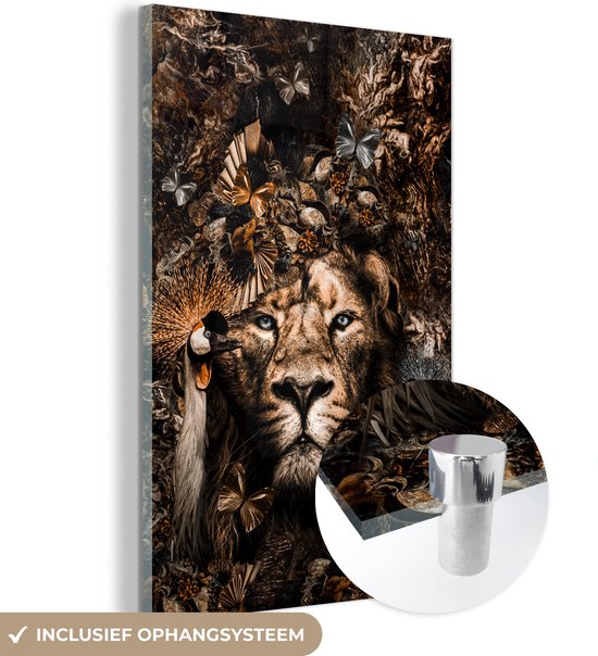 Peinture sur verre d'un lion, avec gros plan du système de suspension.