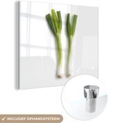 Deux oignons de printemps sur fond blanc Plexiglas 50x50 cm - Tirage photo sur Glas (décoration murale en plexiglas)