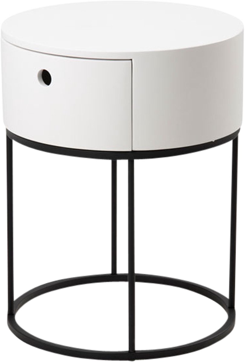 Lisomme Else Nachtkastje Wit - Rond - met Lade - Wit Hout - Zwarte Metalen Poten - Bijzettafel - Modern - Scandinavisch - Ø 40 x 51 cm