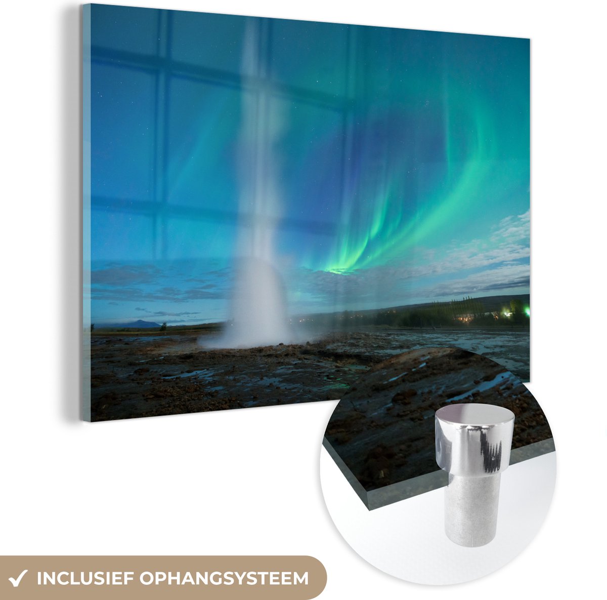 ® Glasschilderij 180x120 cm - Schilderij acrylglas - Strokkur geiser met her noorderlicht