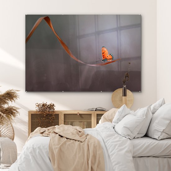MuchoWow® Peinture sur verre 150x100 cm - Peinture sur verre acrylique - Insecte - Oranje - Feuille - Photo sur verre - Peintures