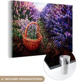 MuchoWow® Glasschilderij 30x20 cm - Schilderij acrylglas - Lavendel - Buiten - Mand - Foto op glas - Schilderijen