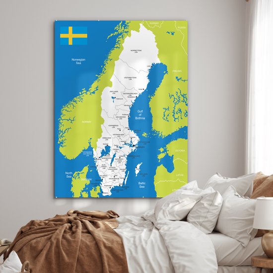 MuchoWow® Peinture sur Verre - Carte Détaillée de la Suède - 120x160 cm - Peintures sur Verre Acrylique - Photo sur Glas