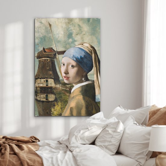 MuchoWow® Peinture sur verre 60x90 cm - Peinture sur verre acrylique - Fille à la boucle d'oreille en perle - Johannes Vermeer - Moulin - Photo sur verre - Peintures