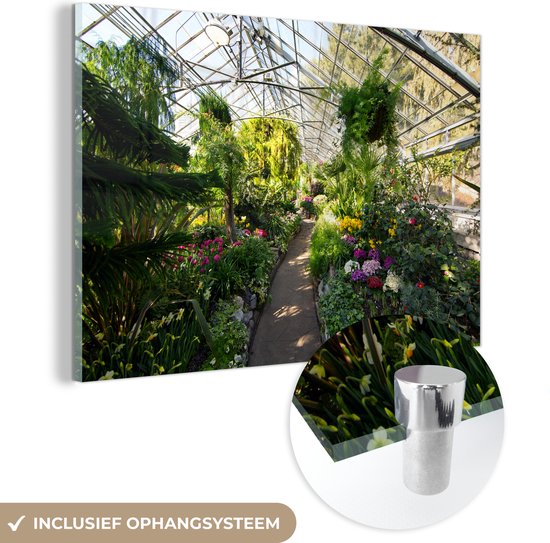 MuchoWow® Glasschilderij 60x40 cm - Schilderij acrylglas - Botanische tuin in een kas - Foto op glas - Schilderijen