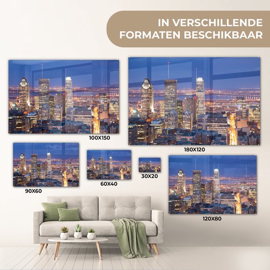 ® Glasschilderij 150x100 cm - Schilderij acrylglas - Stadsgezicht Montreal tijdens de nacht in Canada - Foto op glas - Muurdecoratie woonkamer - Wanddecoratie slaapkamer - Schilderijen